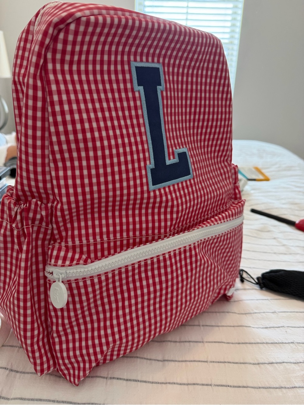 TRVL Red Gingham Kids Backpack with Navy Initial Patch
